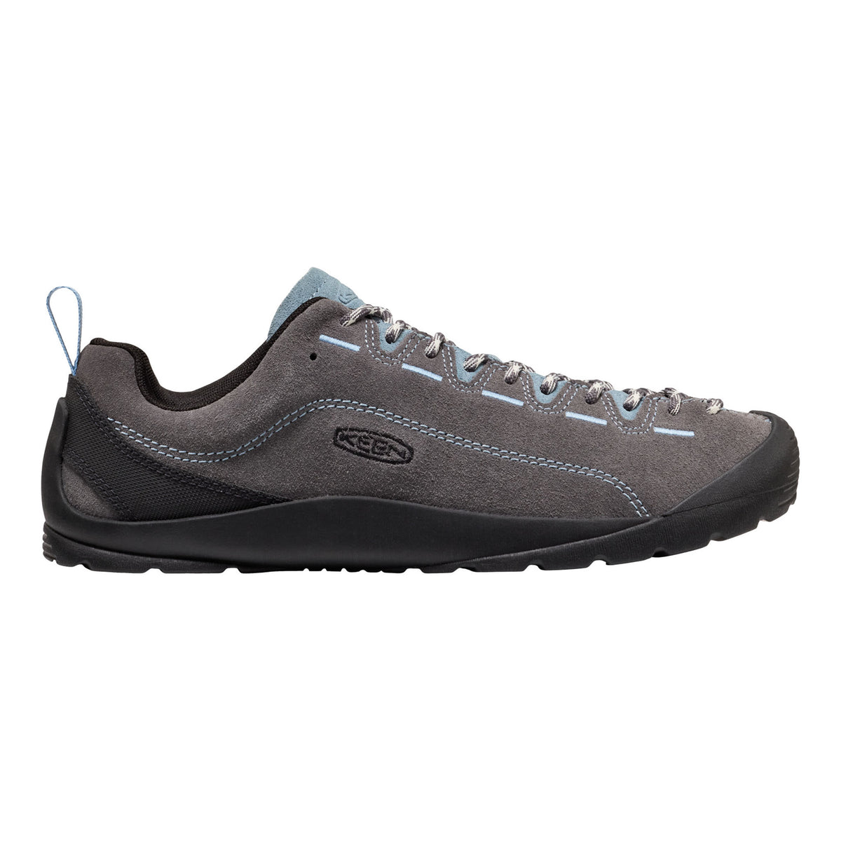 A Keen brand shoe in dark gray suede and black synthetic materials, featuring light blue laces and stitching details, shown in a side profile on a white background.