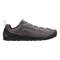 A Keen brand shoe in dark gray suede and black synthetic materials, featuring light blue laces and stitching details, shown in a side profile on a white background.
