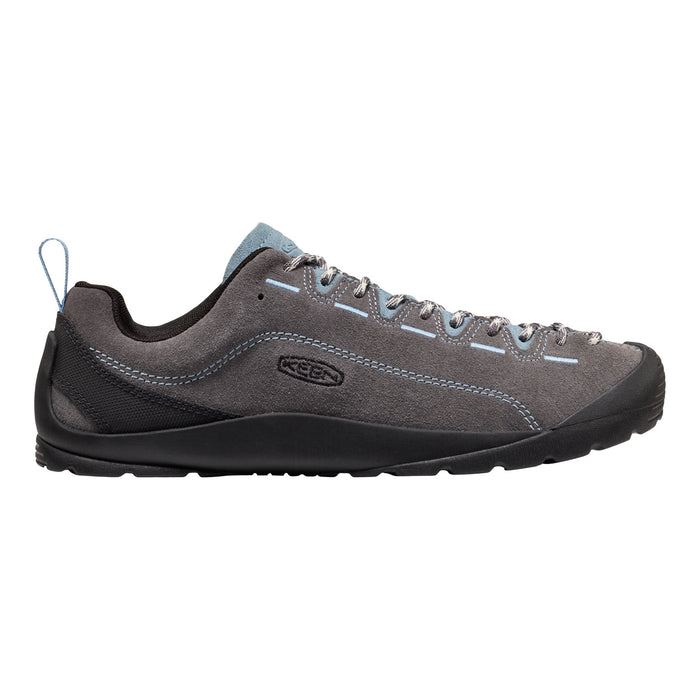 A Keen brand shoe in dark gray suede and black synthetic materials, featuring light blue laces and stitching details, shown in a side profile on a white background.