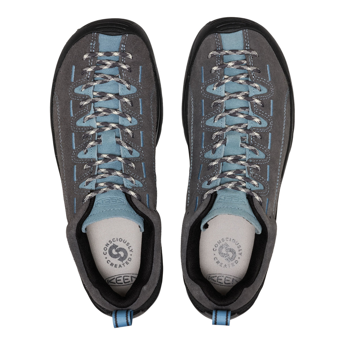 A pair of gray and light blue climbing shoes shown from a top-down view on a white background.