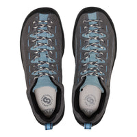 A pair of gray and light blue climbing shoes shown from a top-down view on a white background.