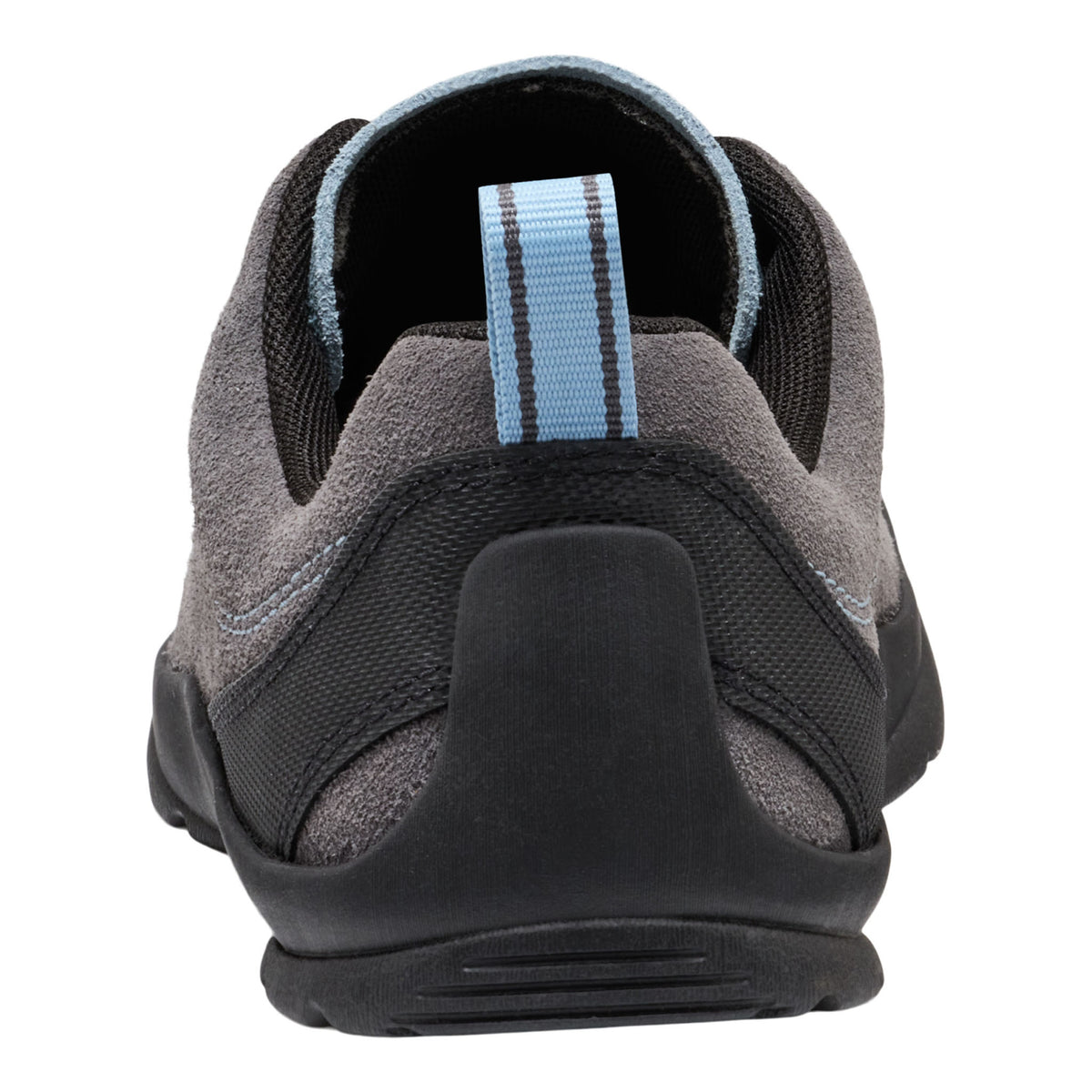 A close-up rear view of a gray and black slip-on shoe with a light blue pull tab on a white background.
