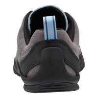 A close-up rear view of a gray and black slip-on shoe with a light blue pull tab on a white background.