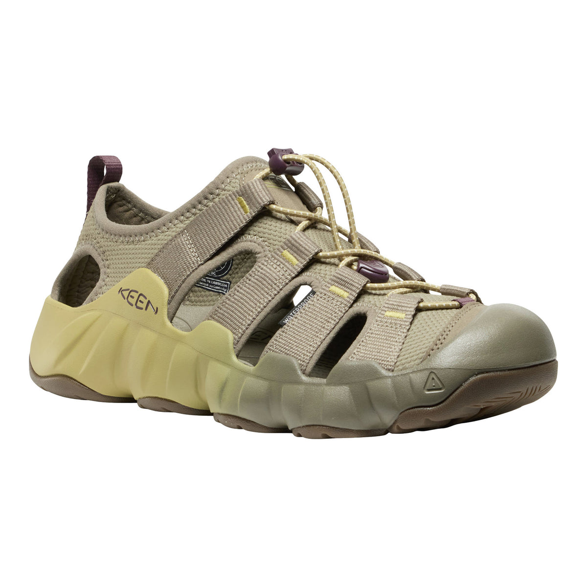 A Keen outdoor sandal in a muted khaki and olive green colorway, featuring adjustable hook-and-loop straps, a thick textured midsole, and a protective toe cap, shown against a plain white background.