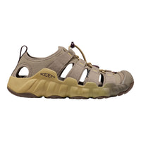 A Keen water sport sandal in a khaki and tan colorway, shown from a side profile view against a plain white background.