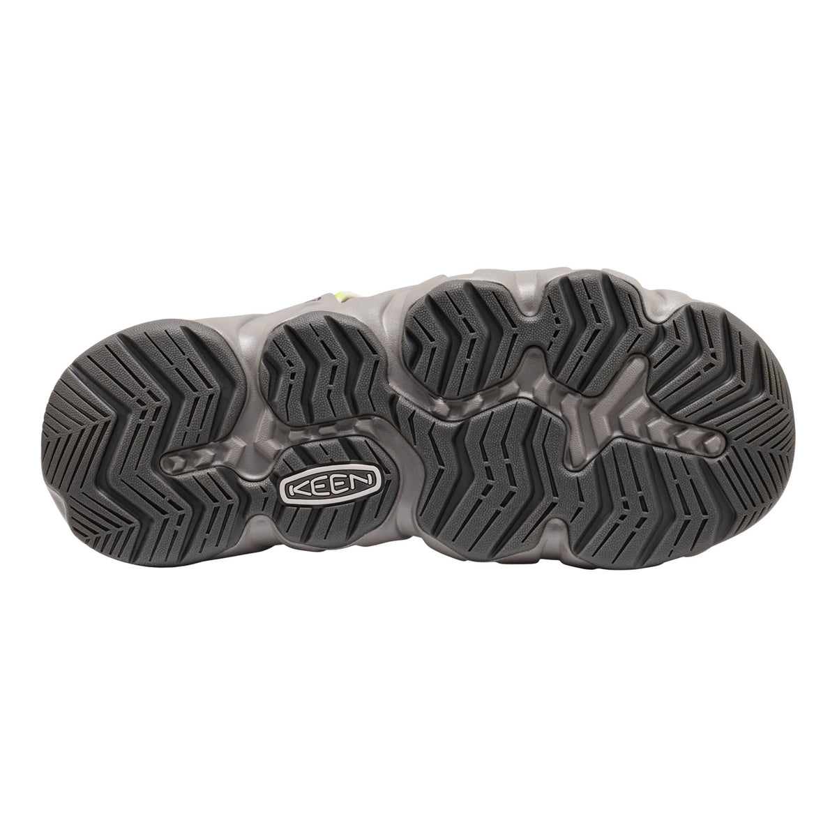 The treaded outsole of a Keen shoe, shown from the bottom against a plain white background. The sole is dark gray with a textured pattern and a visible Keen logo in the center.