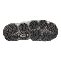 The treaded outsole of a Keen shoe, shown from the bottom against a plain white background. The sole is dark gray with a textured pattern and a visible Keen logo in the center.