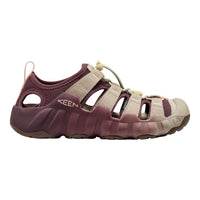 A Keen brand water sandal in a dusty mauve and beige colorway, shown from a side profile view against a plain white background.