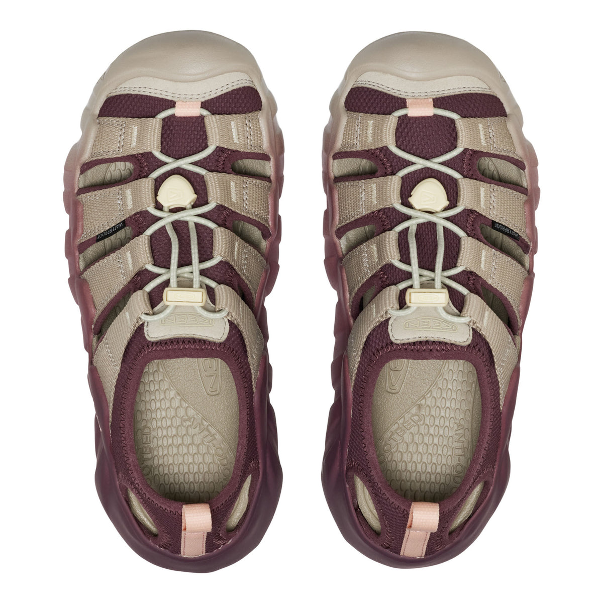 A pair of K-SHINE kids' water shoes in beige and burgundy, shown from a top-down view on a white background.