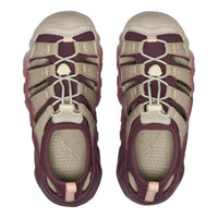 A pair of K-SHINE kids' water shoes in beige and burgundy, shown from a top-down view on a white background.