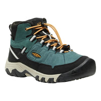 A mid-height KEEN hiking boot in teal and black with tan laces, shown on a plain white background.
