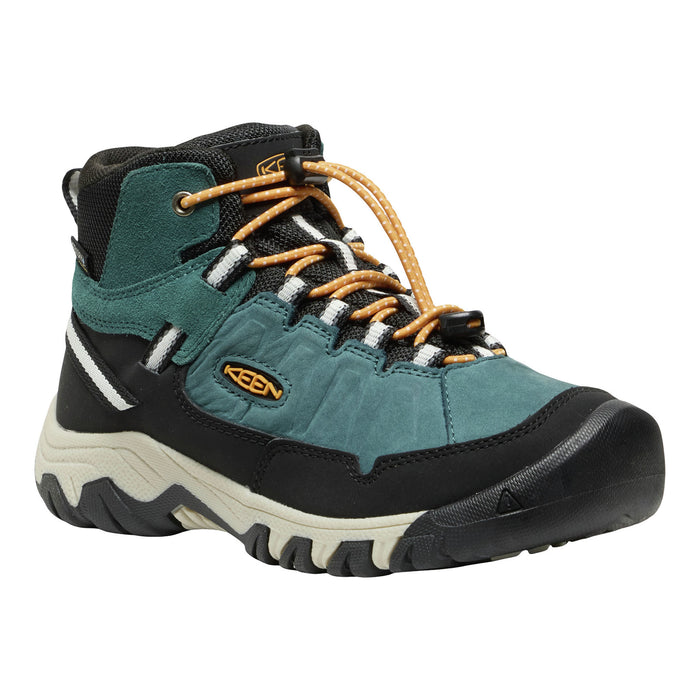 A mid-height KEEN hiking boot in teal and black with tan laces, shown on a plain white background.