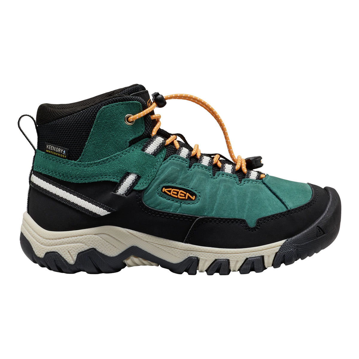 A mid-cut hiking boot by Keen in green and black, featuring orange laces and a beige and black treaded sole, shown from a side profile on a white background.
