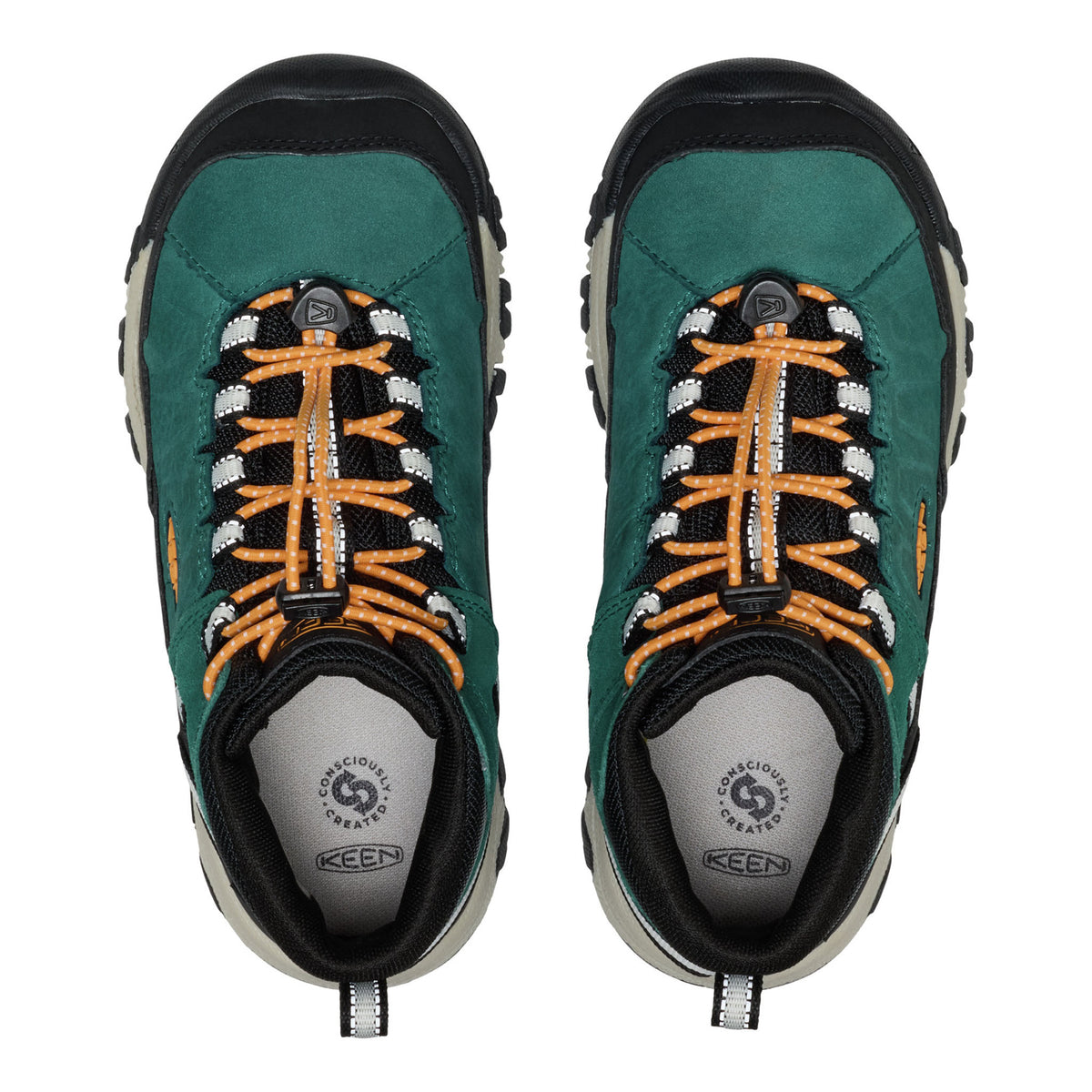 A pair of Keen hiking shoes shown from a top-down view, featuring a dark green suede and mesh upper with orange and white laces, black toe caps, and a light gray lining.