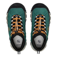 A pair of Keen hiking shoes shown from a top-down view, featuring a dark green suede and mesh upper with orange and white laces, black toe caps, and a light gray lining.