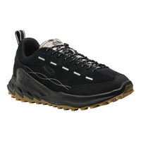 A black KEEN outdoor shoe with black laces, white contrast stitching, and a brown gum sole, shown from a three-quarters angle on a white background.