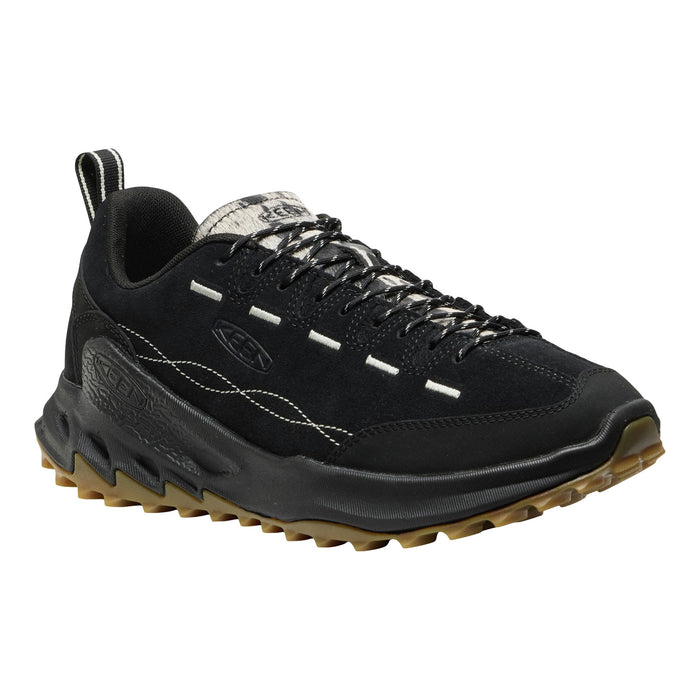 A black KEEN outdoor shoe with black laces, white contrast stitching, and a brown gum sole, shown from a three-quarters angle on a white background.