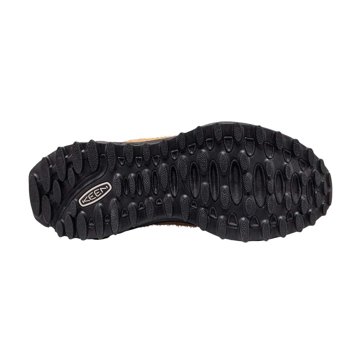Black sole of a shoe with KEEN branding on a white background