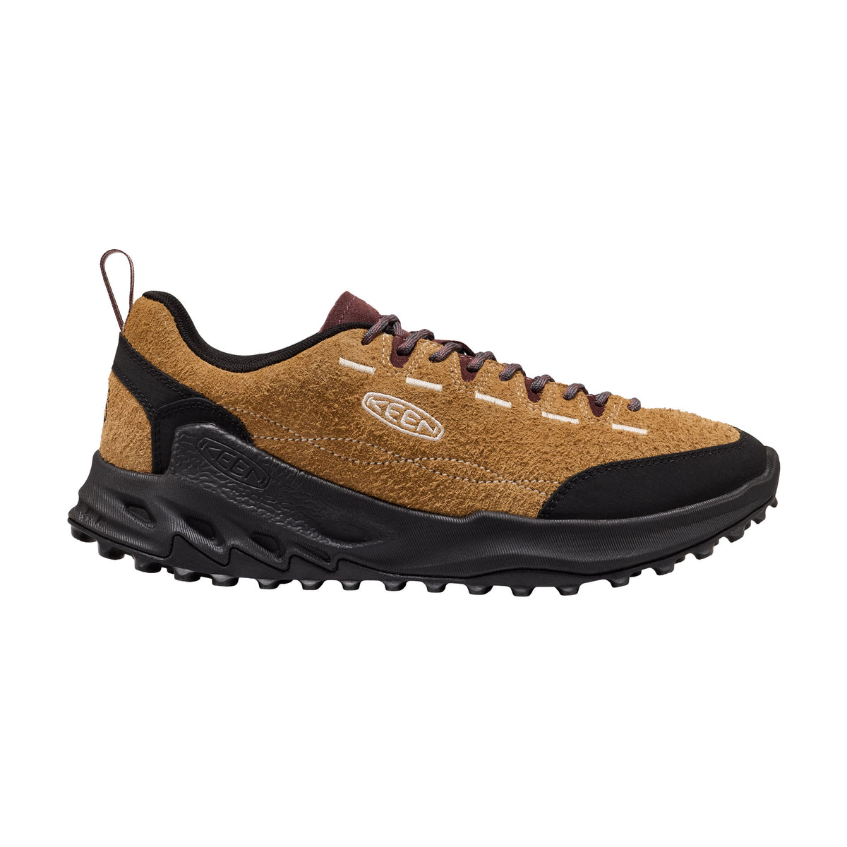 Brown and black sneaker with brand logo on a white background
