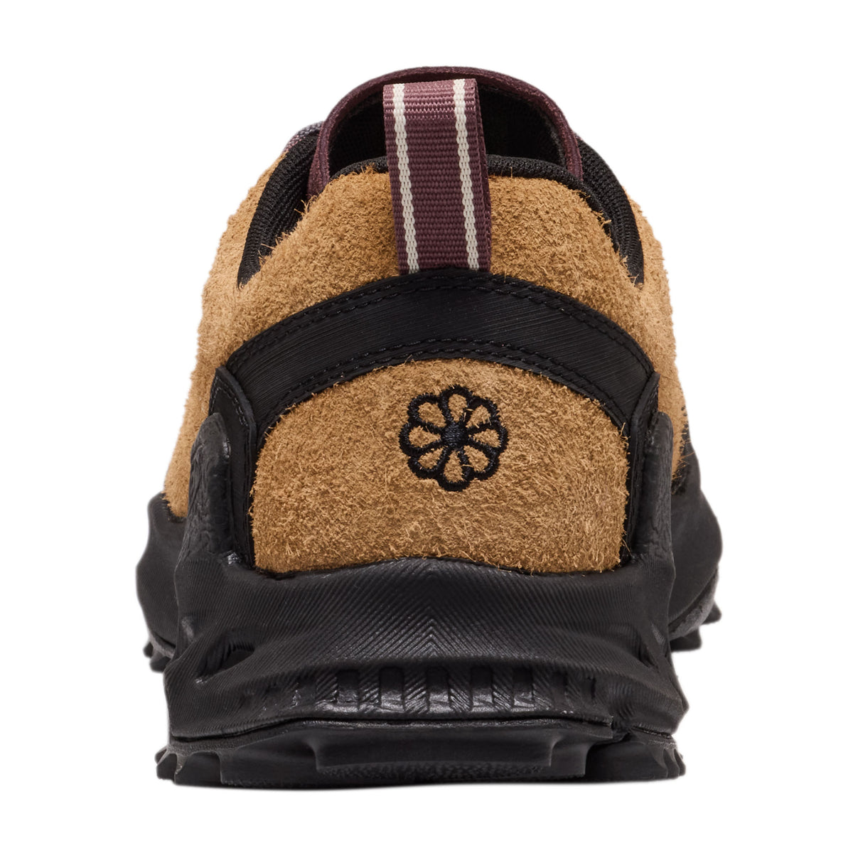 Back view of a brown and black shoe with a brand logo on a white background