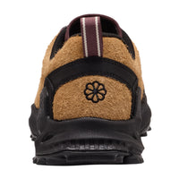 Back view of a brown and black shoe with a brand logo on a white background