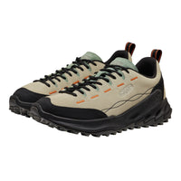 A pair of Keen shoes in beige and black with orange accents, shown on a plain white background.