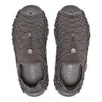 A pair of gray KEEN sandals with integrated woven mesh and rope laces, shown from a top-down view on a white background.