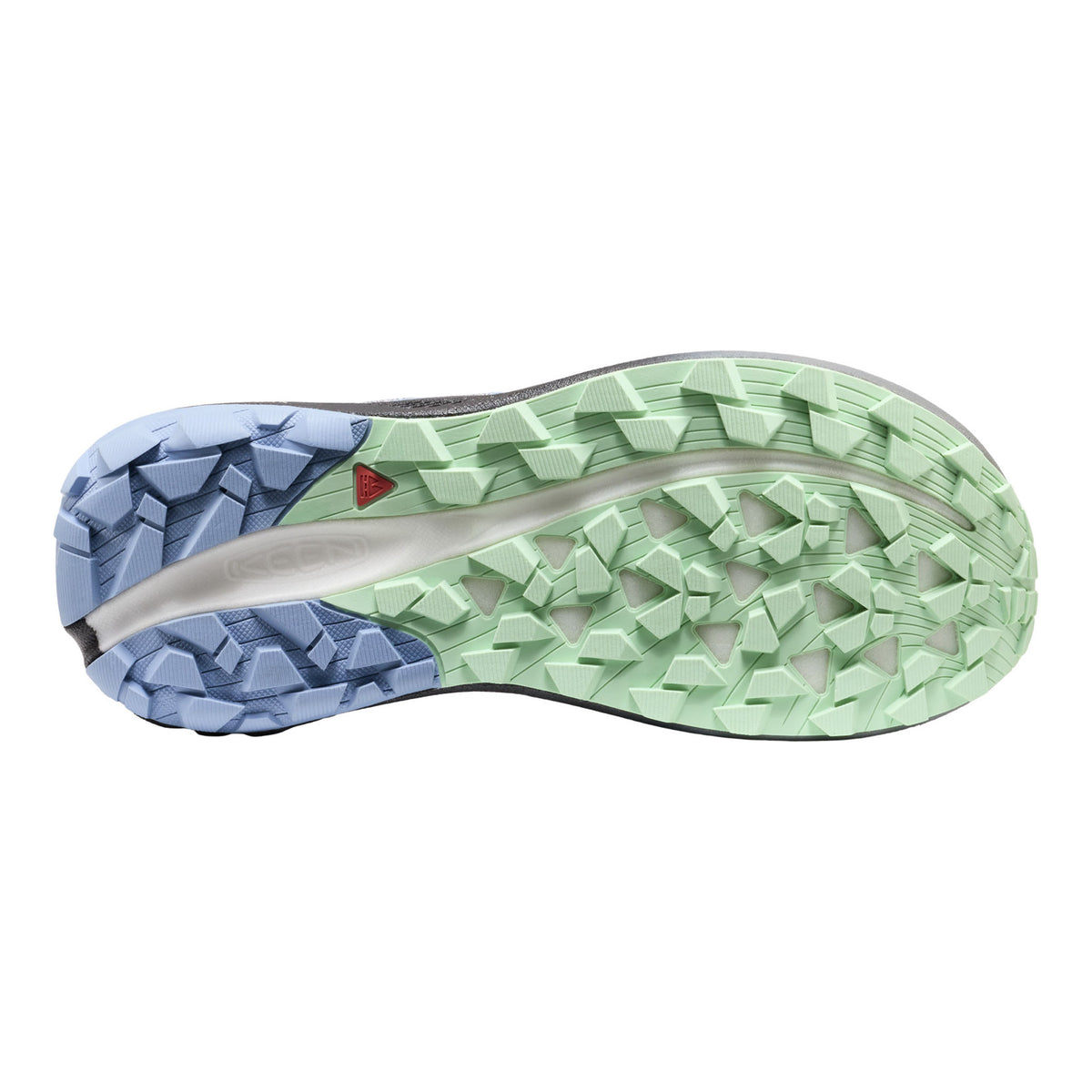 The outsole of a trail running shoe, showing a dual-tone design with a light blue rear section and a light mint green front section, separated by a silver flex groove.
