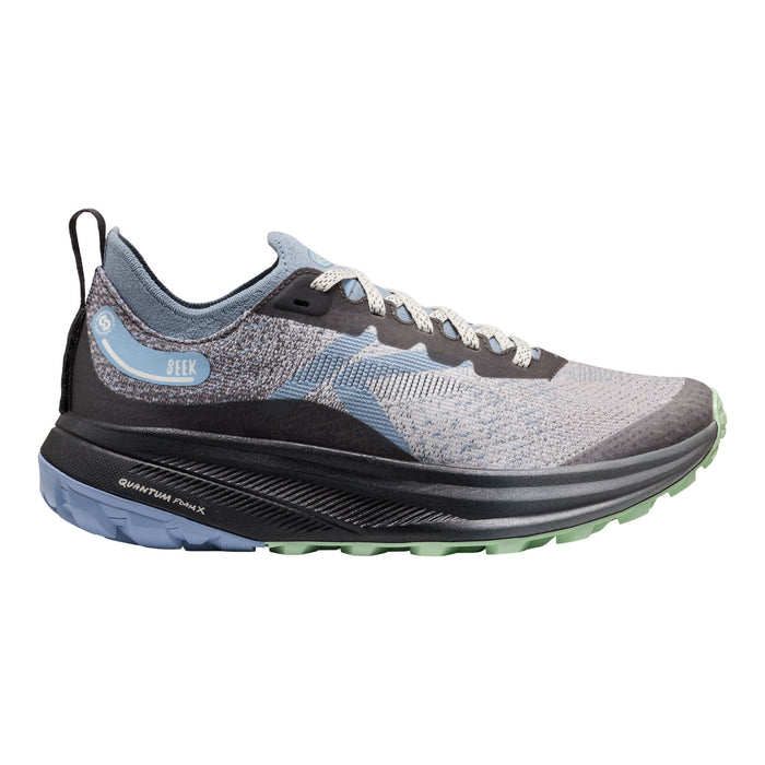 A single athletic trail running shoe shown in a side profile view against a solid white background. The shoe features a gray and light blue knit upper, a black midsole with 'QUANTUM LEAPX' text, and a light blue heel logo that reads 'BEEK'.