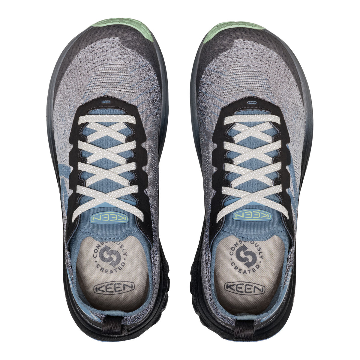 A pair of KEEN athletic shoes shown from a top-down view, featuring a gray and black knit upper with light blue accents, white laces, and a light green toe cap on a white background.