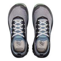 A pair of KEEN athletic shoes shown from a top-down view, featuring a gray and black knit upper with light blue accents, white laces, and a light green toe cap on a white background.