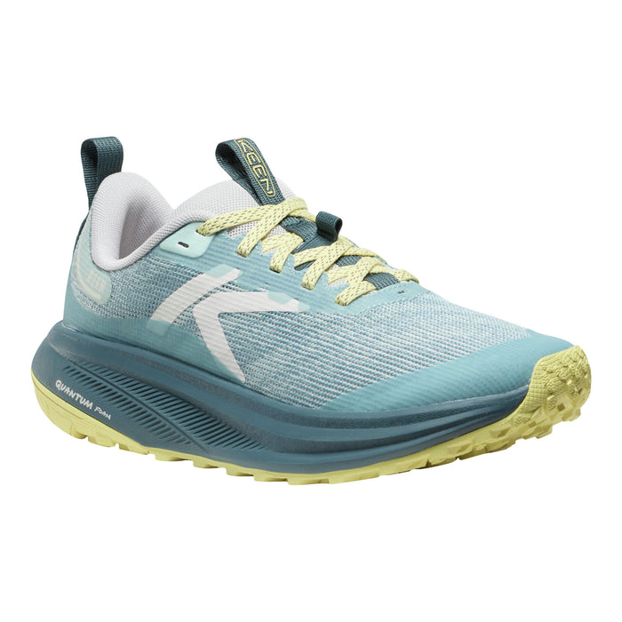 A light blue and teal running shoe with pale yellow laces and a yellow outsole, shown from a side profile on a white background.