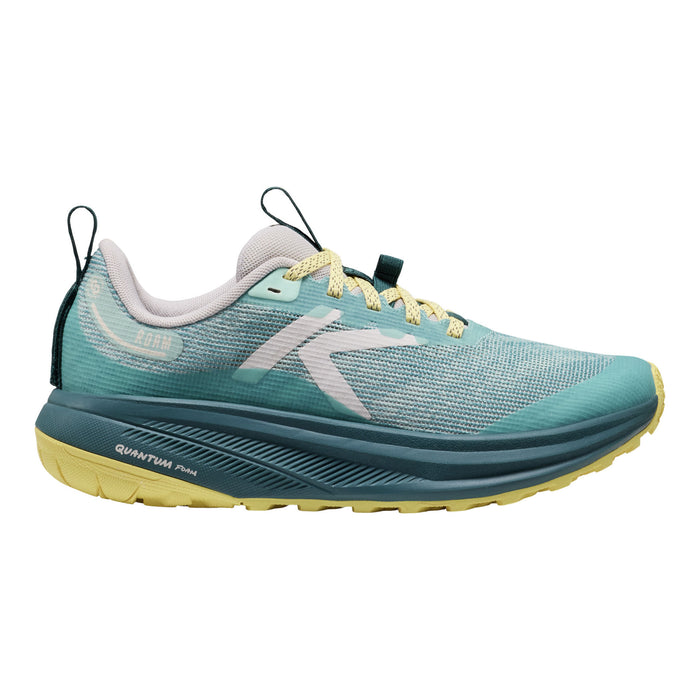 A single running shoe shown in profile against a solid white background. The shoe features a teal and light blue gradient mesh upper, a dark teal midsole, a yellow outsole, and a large white stylized logo on the side.