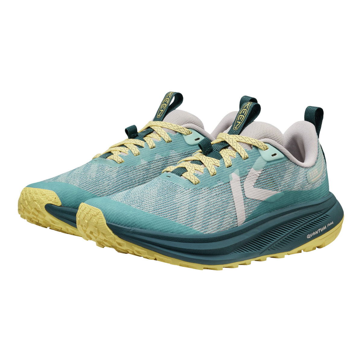 A pair of K-Space running shoes in teal and light gray with yellow accents, shown from a three-quarters angle on a plain white background.