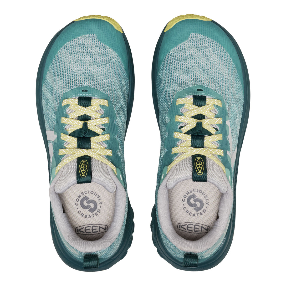 A pair of Keen Conscious Running shoes shown from a top-down view. The shoes feature a teal and white mesh upper, light yellow laces, and a dark teal outsole, with the Keen logo visible on the tongue and insole.