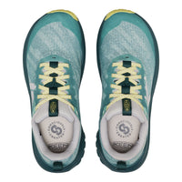 A pair of Keen Conscious Running shoes shown from a top-down view. The shoes feature a teal and white mesh upper, light yellow laces, and a dark teal outsole, with the Keen logo visible on the tongue and insole.