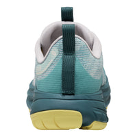A close-up rear view of a running shoe showing the heel counter, textured knit upper in teal and mint green, a dark teal pull tab, a light gray collar, and a yellow outsole.