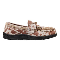 A single slip-on loafer-style shoe with a brown and cream cowhide pattern, a braided tan strap across the top, and a black sole, shown against a plain white background.