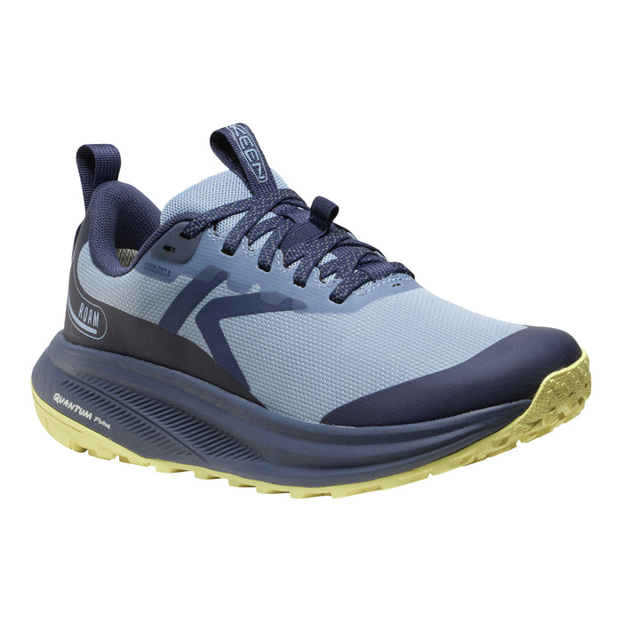A single running shoe from GEL-KAYANO 14 by Asolo, featuring a light blue and navy blue upper with a dark navy midsole and a light yellow-green outsole, shown against a plain white background.