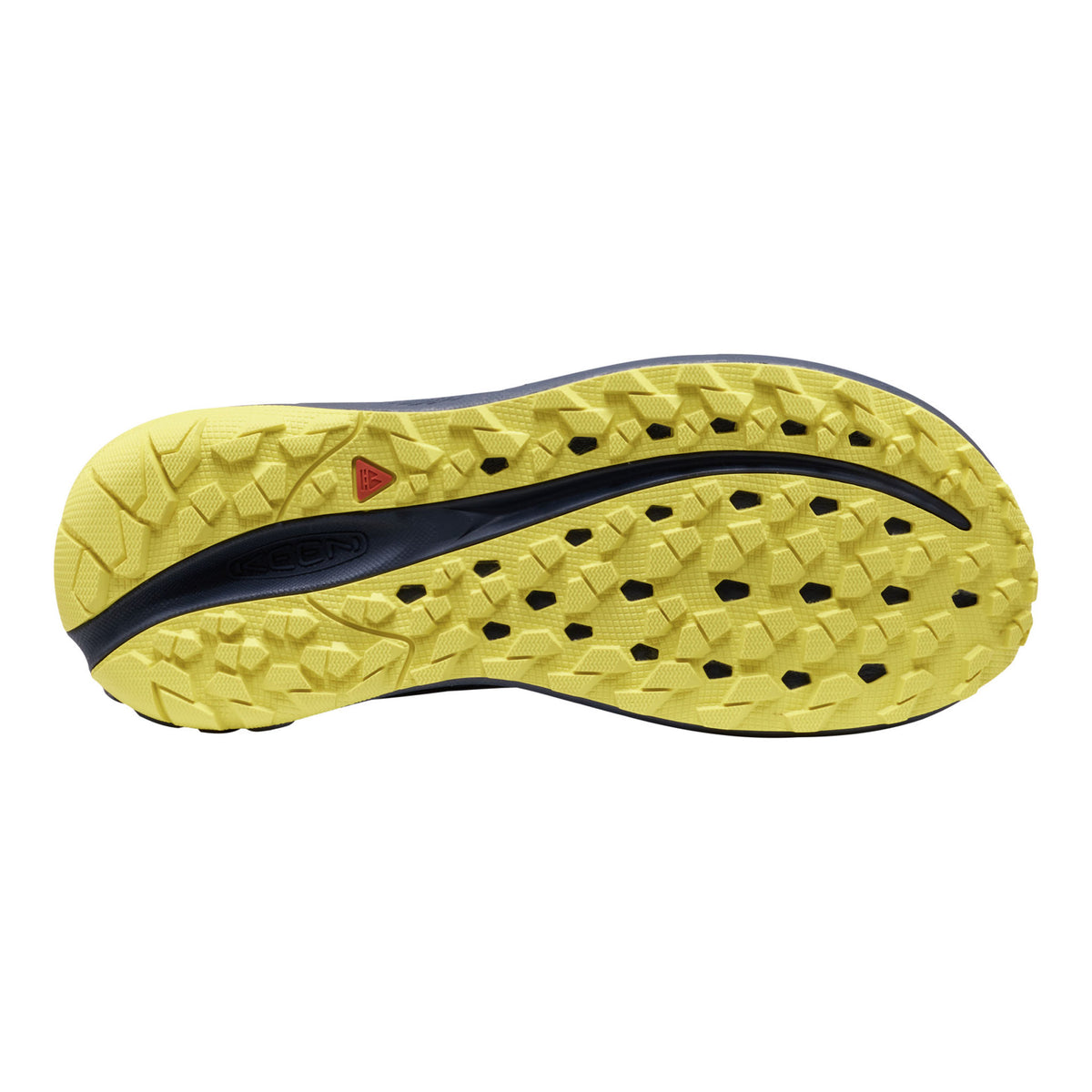 The outsole of a trail running shoe, featuring a bright yellow treaded rubber base with a dark navy blue central channel and a small red logo accent.