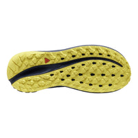 The outsole of a trail running shoe, featuring a bright yellow treaded rubber base with a dark navy blue central channel and a small red logo accent.