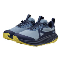 A pair of K-Space trail running shoes in navy blue and light gray mesh, featuring a bright yellow outsole, shown against a plain white background.