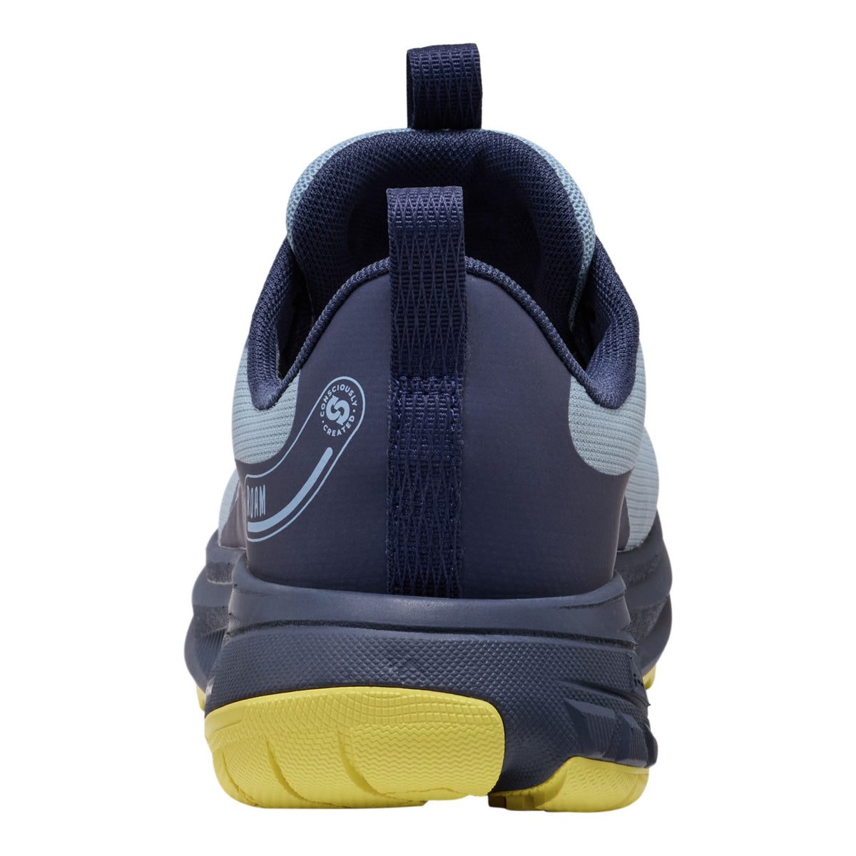 A rear view of a trail running shoe in navy blue with light gray mesh panels and a bright yellow outsole, shown on a plain white background.