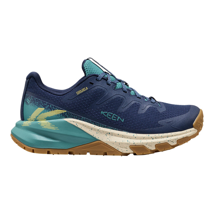 A Keen trail shoe in navy blue with teal accents, a beige midsole, and a brown gum outsole, shown from a lateral profile view on a white background.
