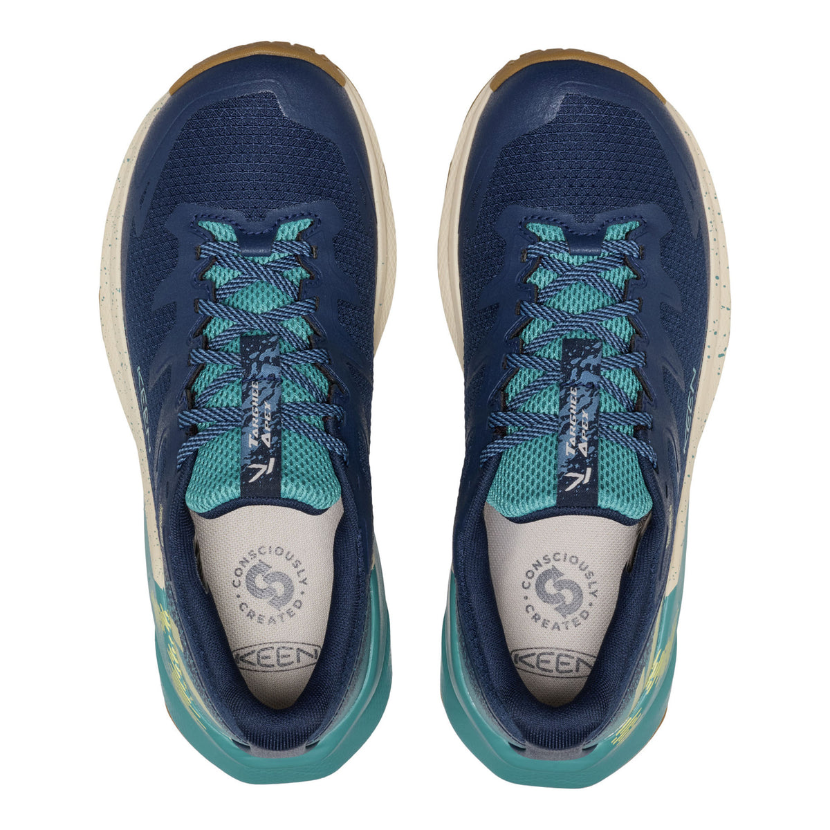 A pair of KEEN brand trail shoes shown from a top-down view. The shoes feature a navy blue mesh upper with teal accents on the laces, collar lining, and midsole, a white inner sole, and a speckled tan outsole.