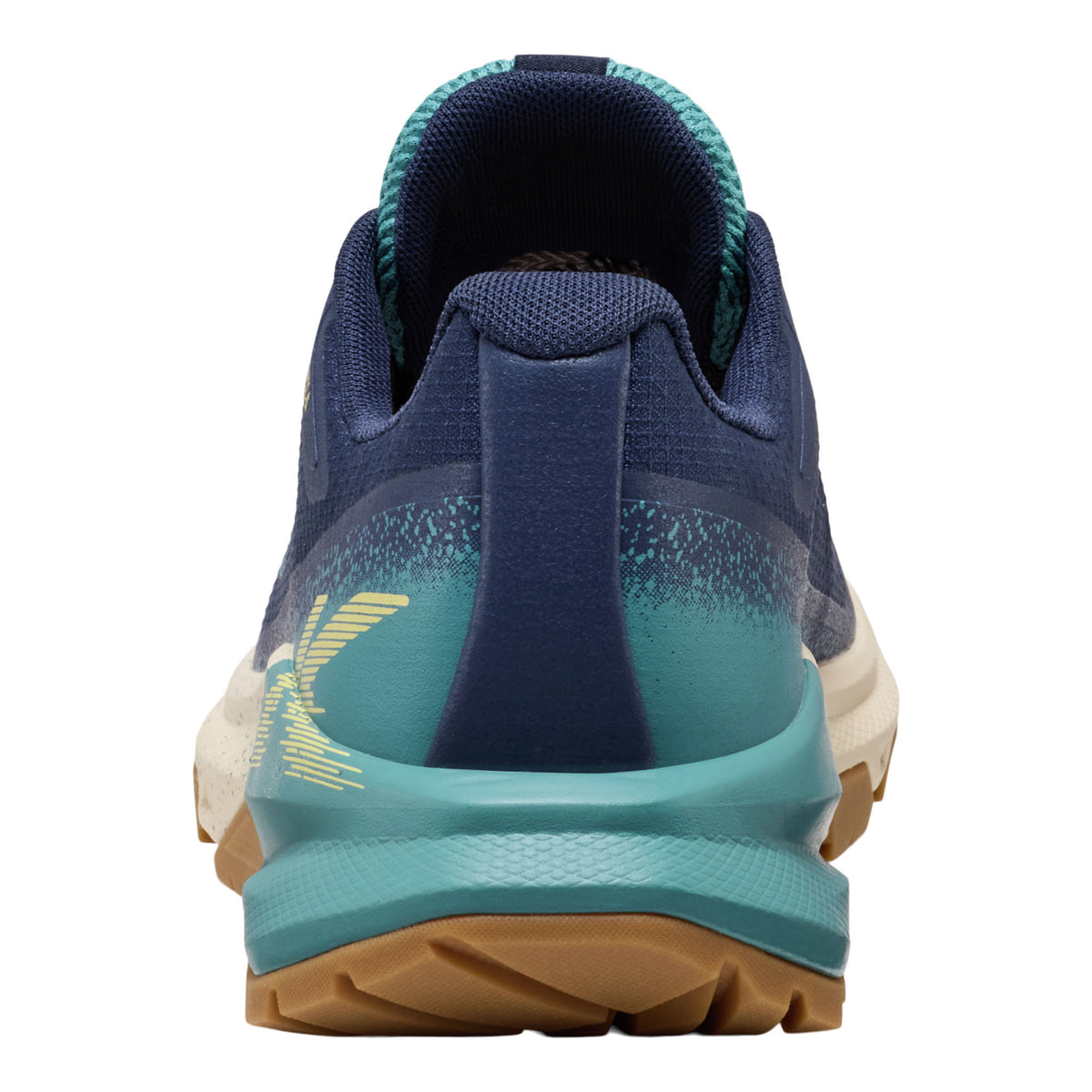 Rear three-quarter view of a trail shoe in navy blue, teal, and tan. The shoe features a navy blue knit upper, a teal and navy gradient midsole, a tan outsole, and a gold stylized logo on the heel.