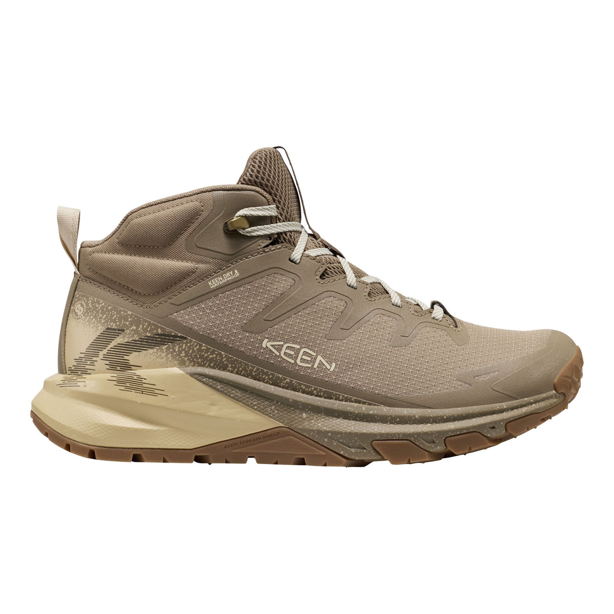 A Keen hiking boot in a warm taupe and beige colorway, featuring a lace-up design, textured synthetic and mesh upper, and a thick beige and brown sole, shown against a plain white background.