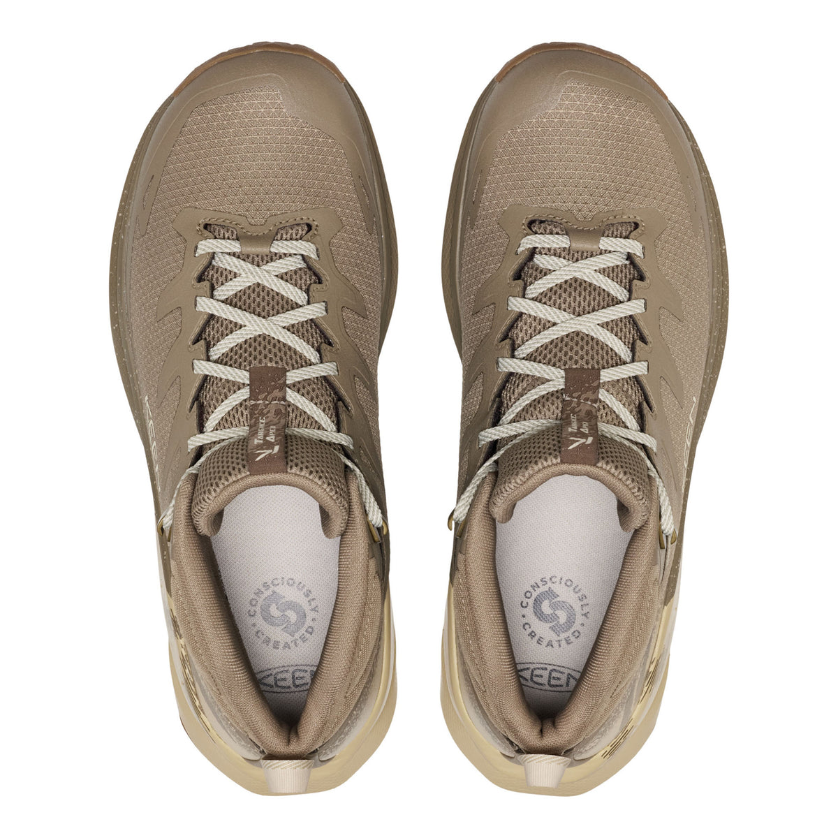 A pair of beige mesh athletic sneakers shown from a top-down view on a white background.