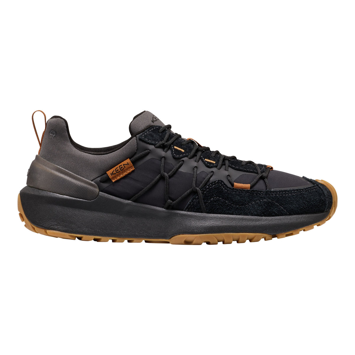 A black and dark gray outdoor sneaker with brown accents, including a brown heel pull tab, a small brown brand patch on the side, and a brown outsole, shown from a side profile view against a white background.