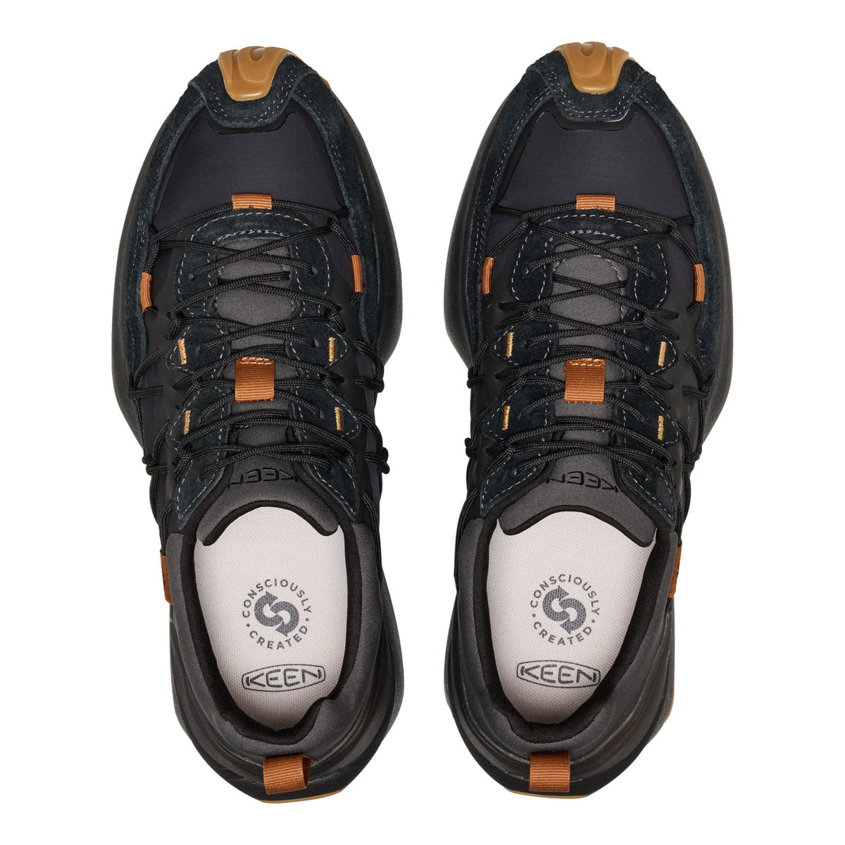 A pair of KEEN hiking shoes shown from a top-down view, featuring a dark navy and black upper with tan accents on the toe caps, laces, and heel pulls, set against a plain white background.
